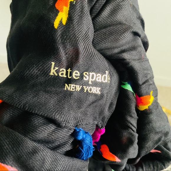Kate Spade Black Multicolor Birds Scarf with Pompom Fringe Edge - Picture 9 of 13